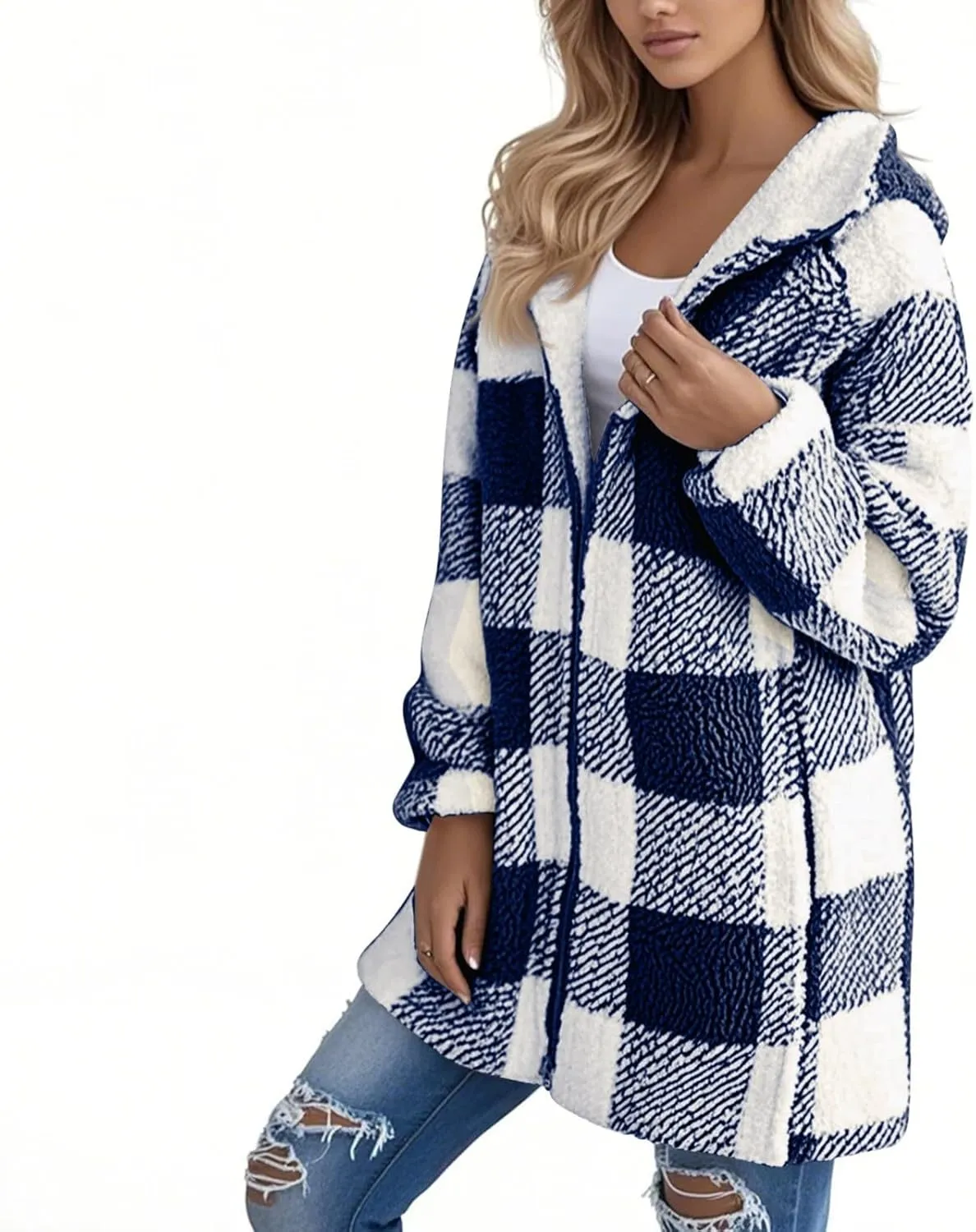 Fleece Jacket Women Sherpa Lined Plaid Flannel Hooded Jacket Oversized Zip Up Jacket with Pockets Fall Warm Coat