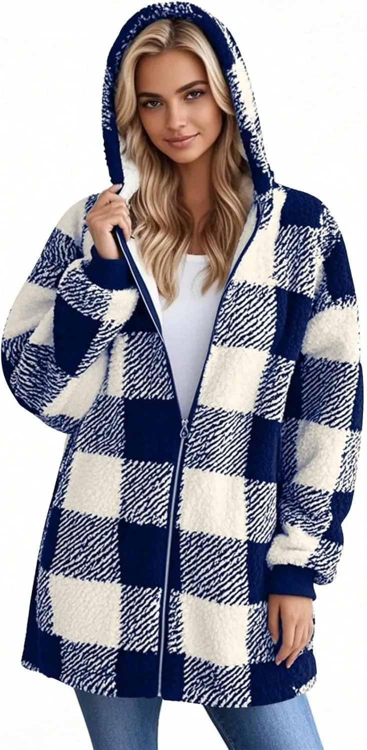Fleece Jacket Women Sherpa Lined Plaid Flannel Hooded Jacket Oversized Zip Up Jacket with Pockets Fall Warm Coat