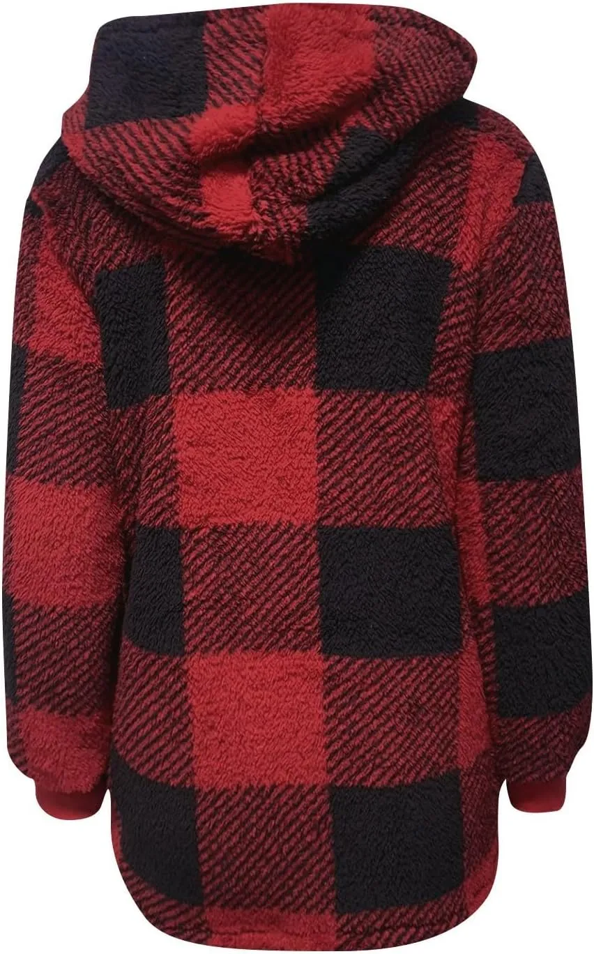 Fleece Jacket Women Sherpa Lined Plaid Flannel Hooded Jacket Oversized Zip Up Jacket with Pockets Fall Warm Coat