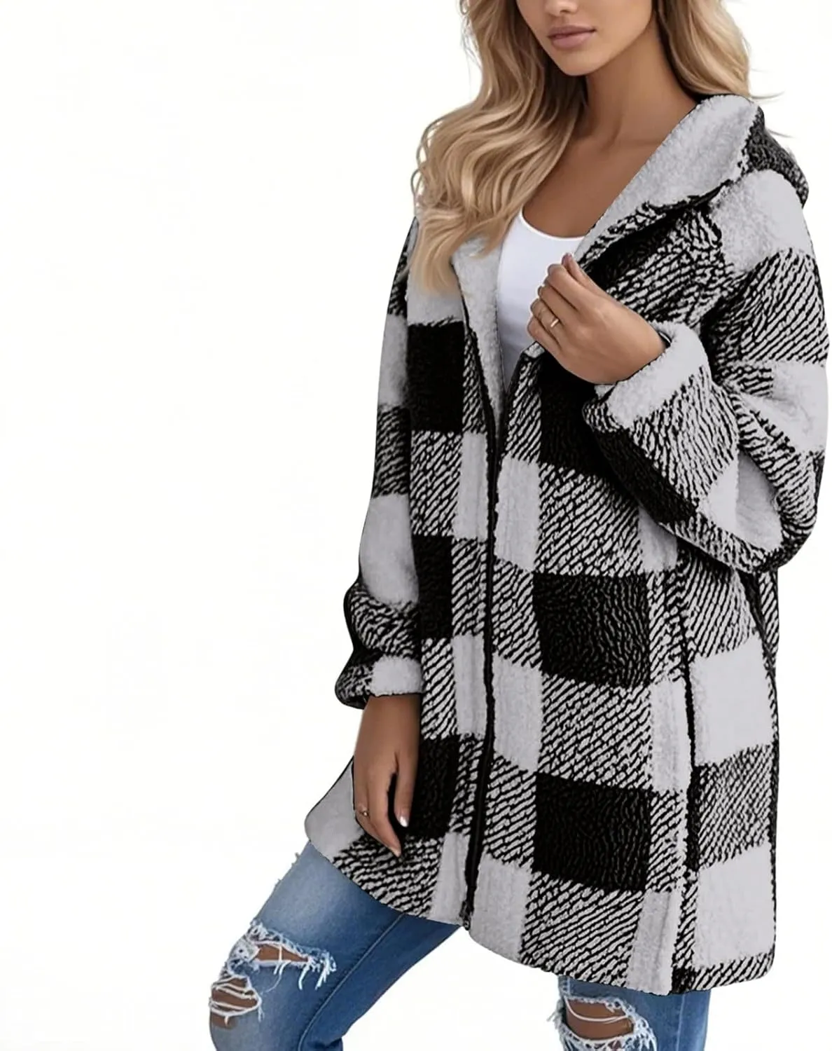 Fleece Jacket Women Sherpa Lined Plaid Flannel Hooded Jacket Oversized Zip Up Jacket with Pockets Fall Warm Coat