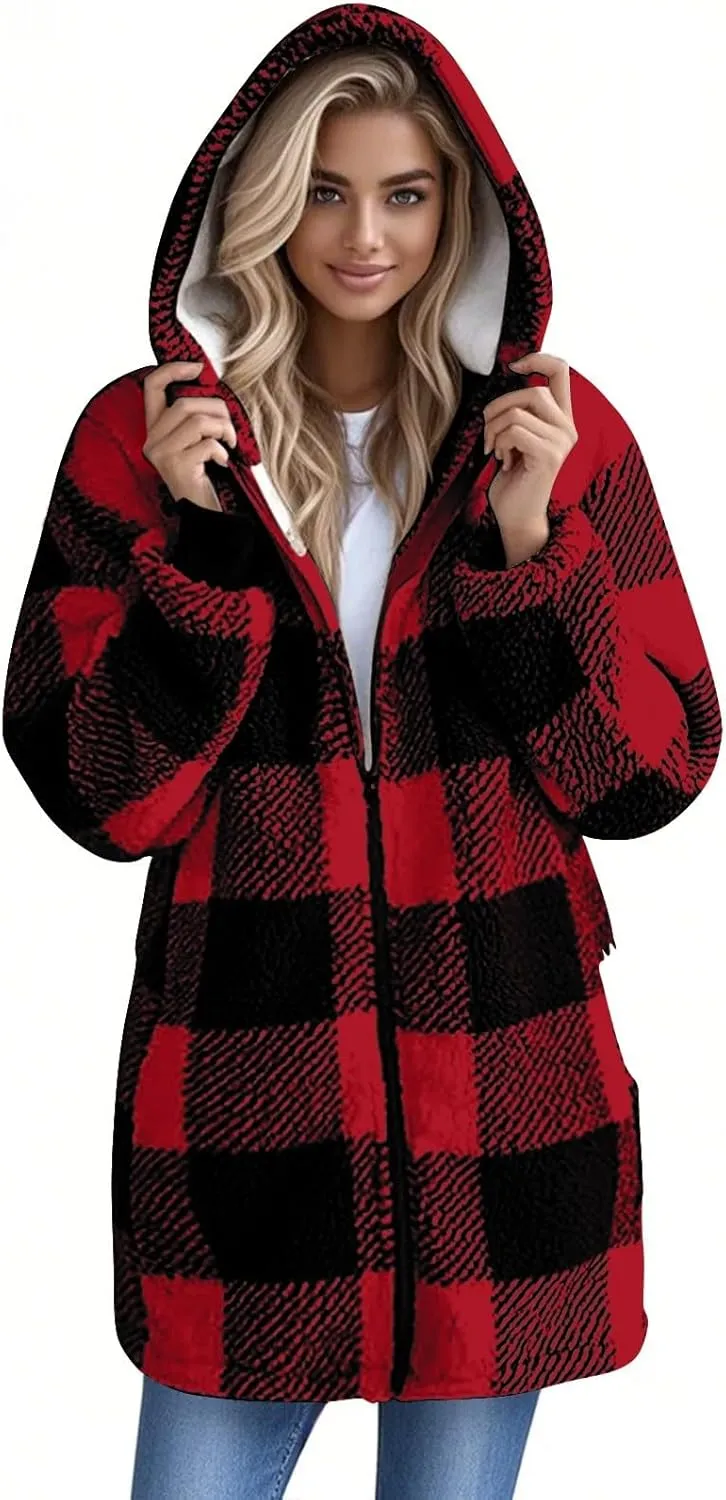 Fleece Jacket Women Sherpa Lined Plaid Flannel Hooded Jacket Oversized Zip Up Jacket with Pockets Fall Warm Coat