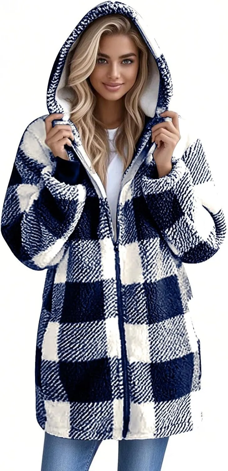 Fleece Jacket Women Sherpa Lined Plaid Flannel Hooded Jacket Oversized Zip Up Jacket with Pockets Fall Warm Coat