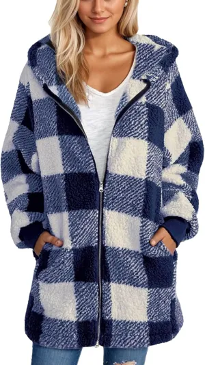 Fleece Jacket Women Sherpa Lined Plaid Flannel Hooded Jacket Oversized Zip Up Jacket with Pockets Fall Warm Coat