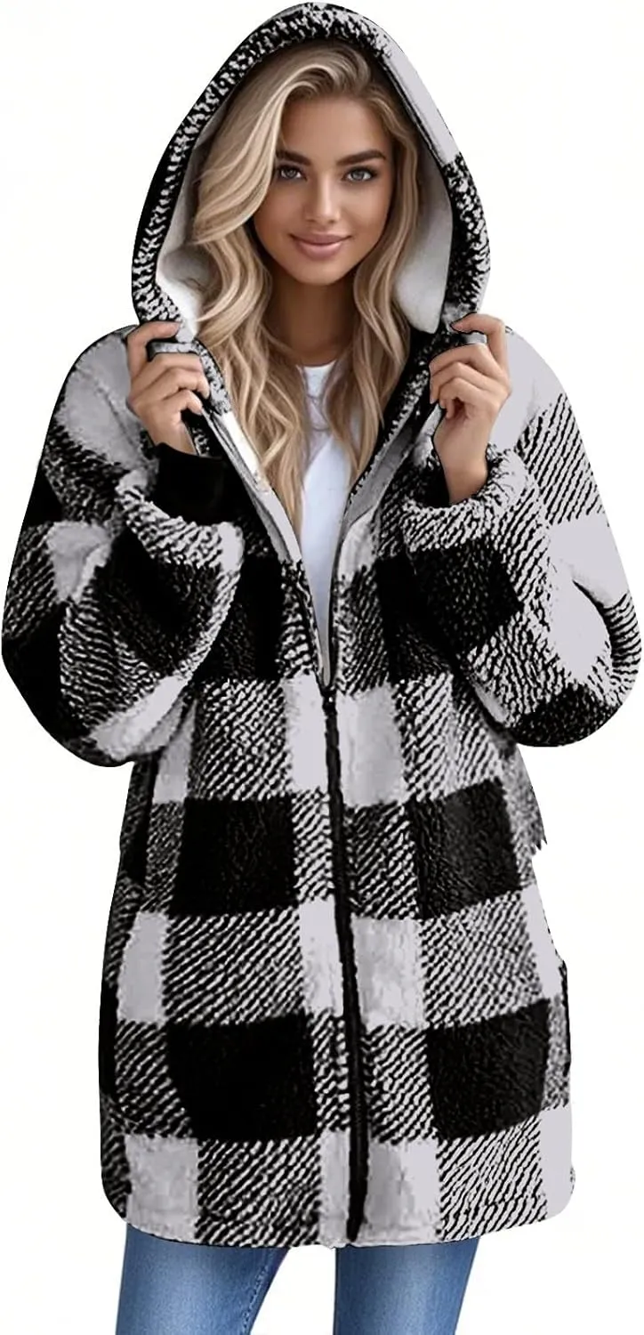 Fleece Jacket Women Sherpa Lined Plaid Flannel Hooded Jacket Oversized Zip Up Jacket with Pockets Fall Warm Coat