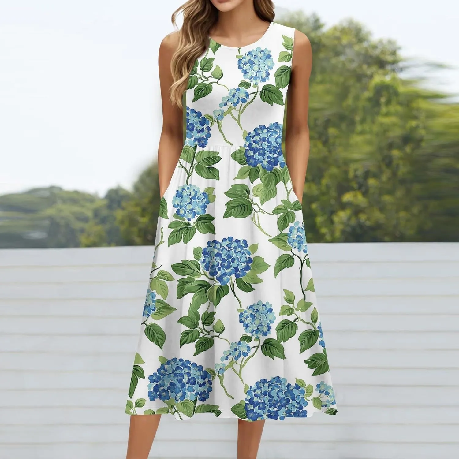 Floral Dress for Women 2025 Novelty Casual A Line Crew Neck Sleeveless Sundresses Elegant Lightweight Flowy Dress with Pocket