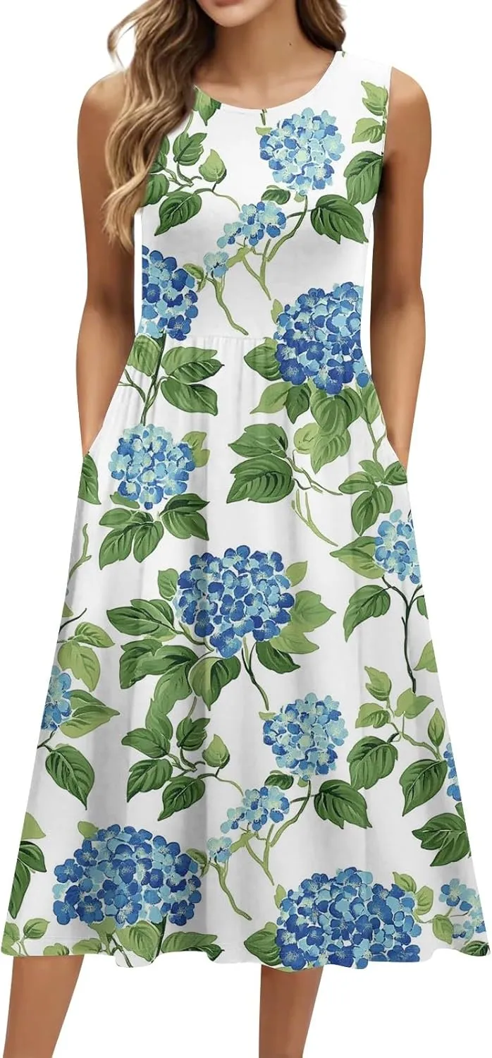 Floral Dress for Women 2025 Novelty Casual A Line Crew Neck Sleeveless Sundresses Elegant Lightweight Flowy Dress with Pocket