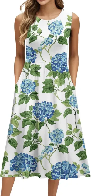 Floral Dress for Women 2025 Novelty Casual A Line Crew Neck Sleeveless Sundresses Elegant Lightweight Flowy Dress with Pocket