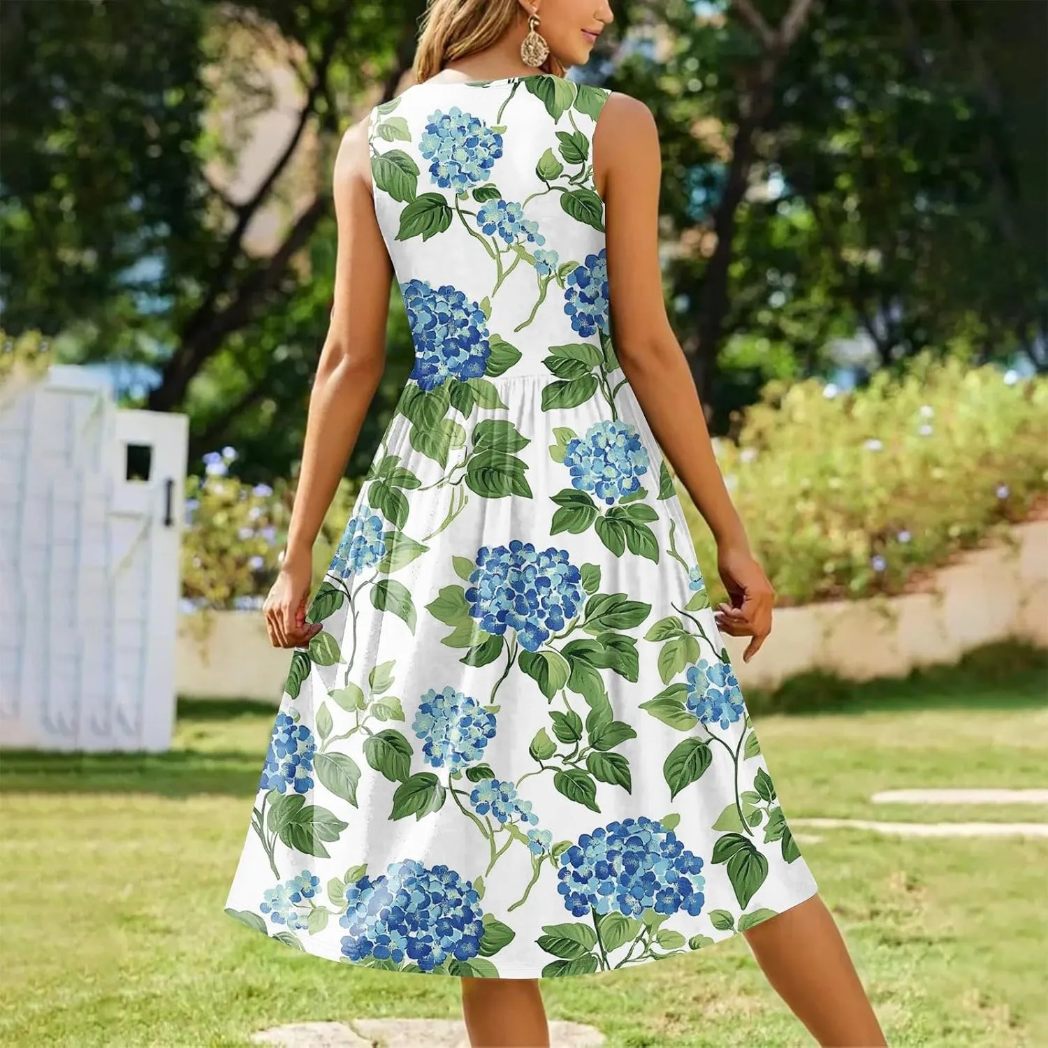 Floral Dress for Women 2025 Novelty Casual A Line Crew Neck Sleeveless Sundresses Elegant Lightweight Flowy Dress with Pocket