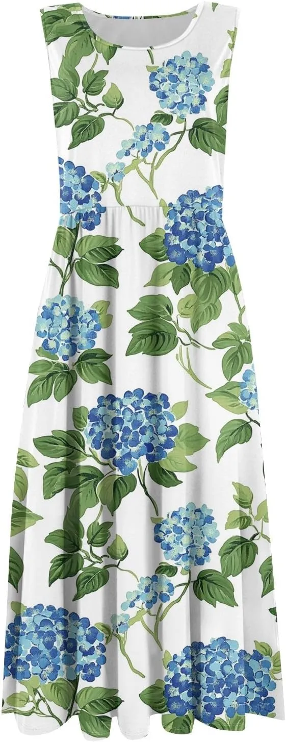 Floral Dress for Women 2025 Novelty Casual A Line Crew Neck Sleeveless Sundresses Elegant Lightweight Flowy Dress with Pocket