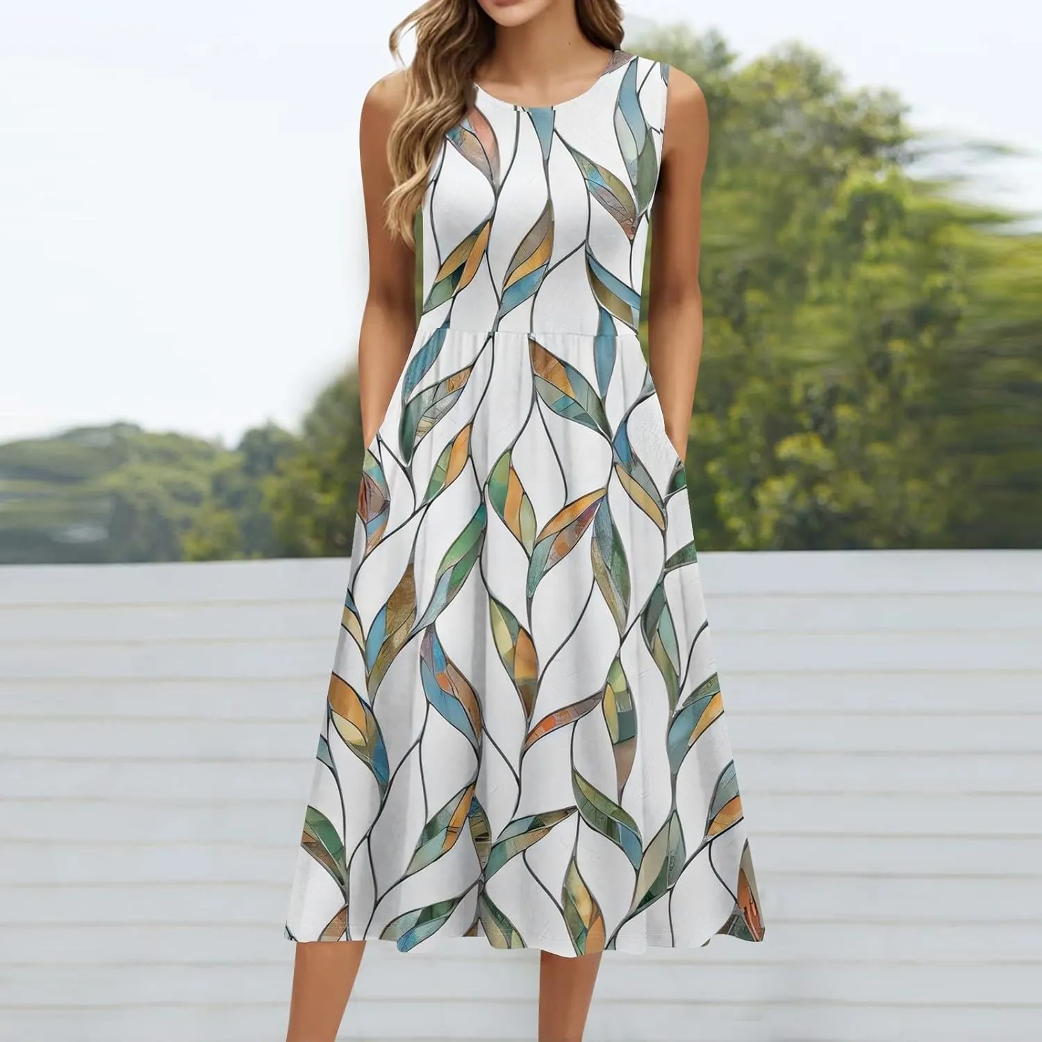 Floral Dress for Women 2025 Novelty Casual Loose Crew Neck Sleeveless Sundresses Elegant Lightweight Comfy Dress with Pockets