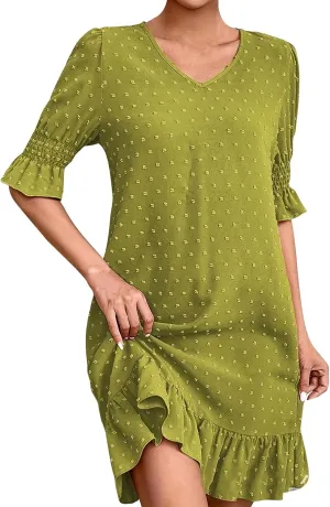 Floral Embroidered Short Sleeve Dress for Women V Neck Ruffle Hem Lightweight Soft Cotton Summer Casual Loose Fit