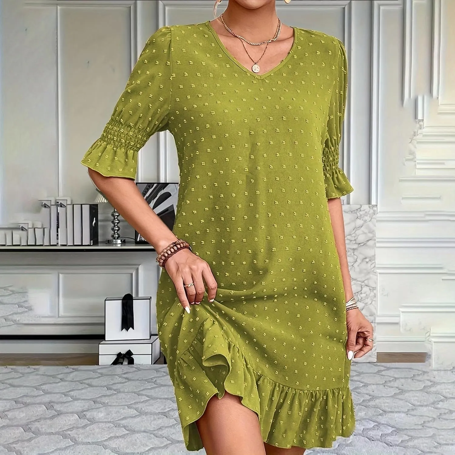 Floral Embroidered Short Sleeve Dress for Women V Neck Ruffle Hem Lightweight Soft Cotton Summer Casual Loose Fit