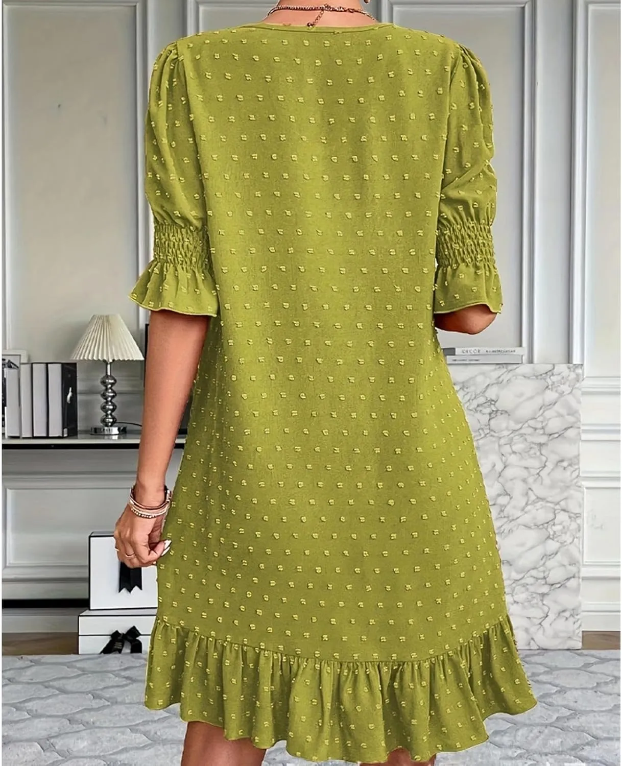 Floral Embroidered Short Sleeve Dress for Women V Neck Ruffle Hem Lightweight Soft Cotton Summer Casual Loose Fit