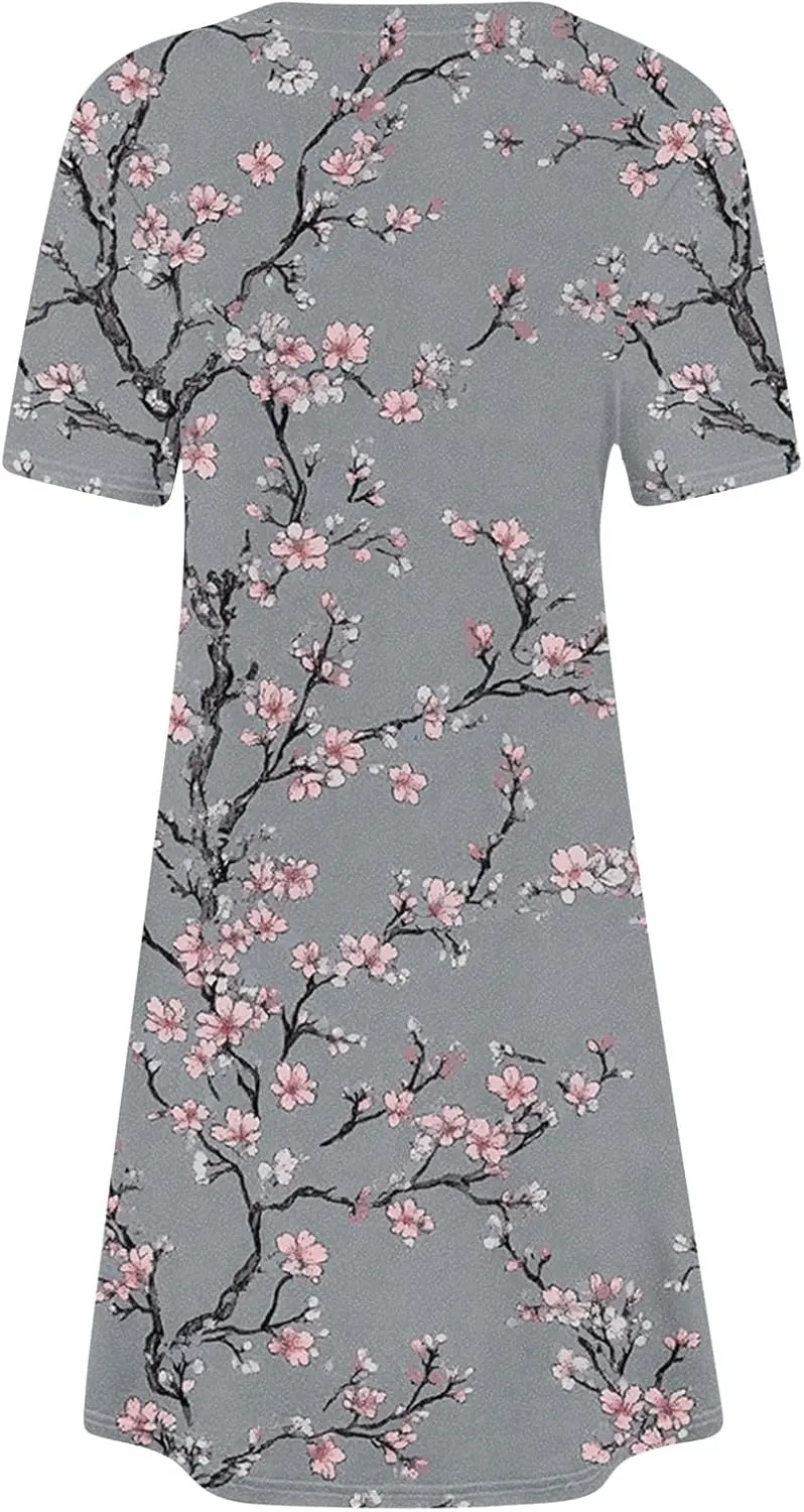 Floral Mini Dress for Women Summer Casual Short Sleeve V Neck Sundress with Pockets Lightweight Soft Dress