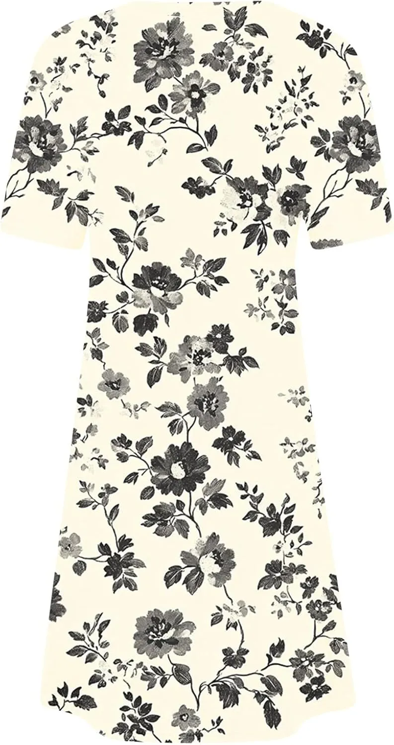 Floral Mini Dress for Women Summer Casual Short Sleeve V Neck Sundress with Pockets Lightweight Soft Dress