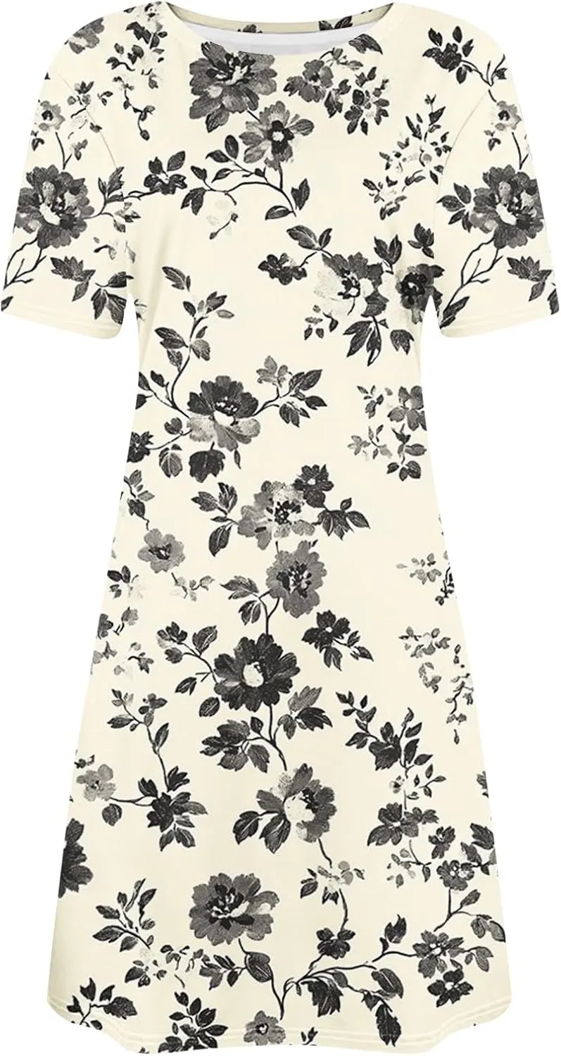 Floral Mini Dress for Women Summer Casual Short Sleeve V Neck Sundress with Pockets Lightweight Soft Dress