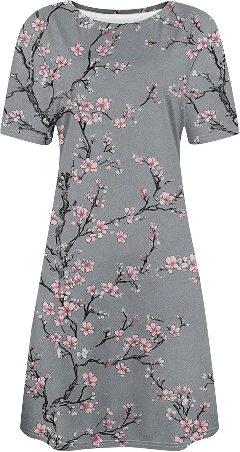 Floral Mini Dress for Women Summer Casual Short Sleeve V Neck Sundress with Pockets Lightweight Soft Dress