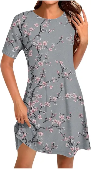 Floral Mini Dress for Women Summer Casual Short Sleeve V Neck Sundress with Pockets Lightweight Soft Dress