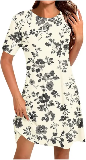 Floral Mini Dress for Women Summer Casual Short Sleeve V Neck Sundress with Pockets Lightweight Soft Dress