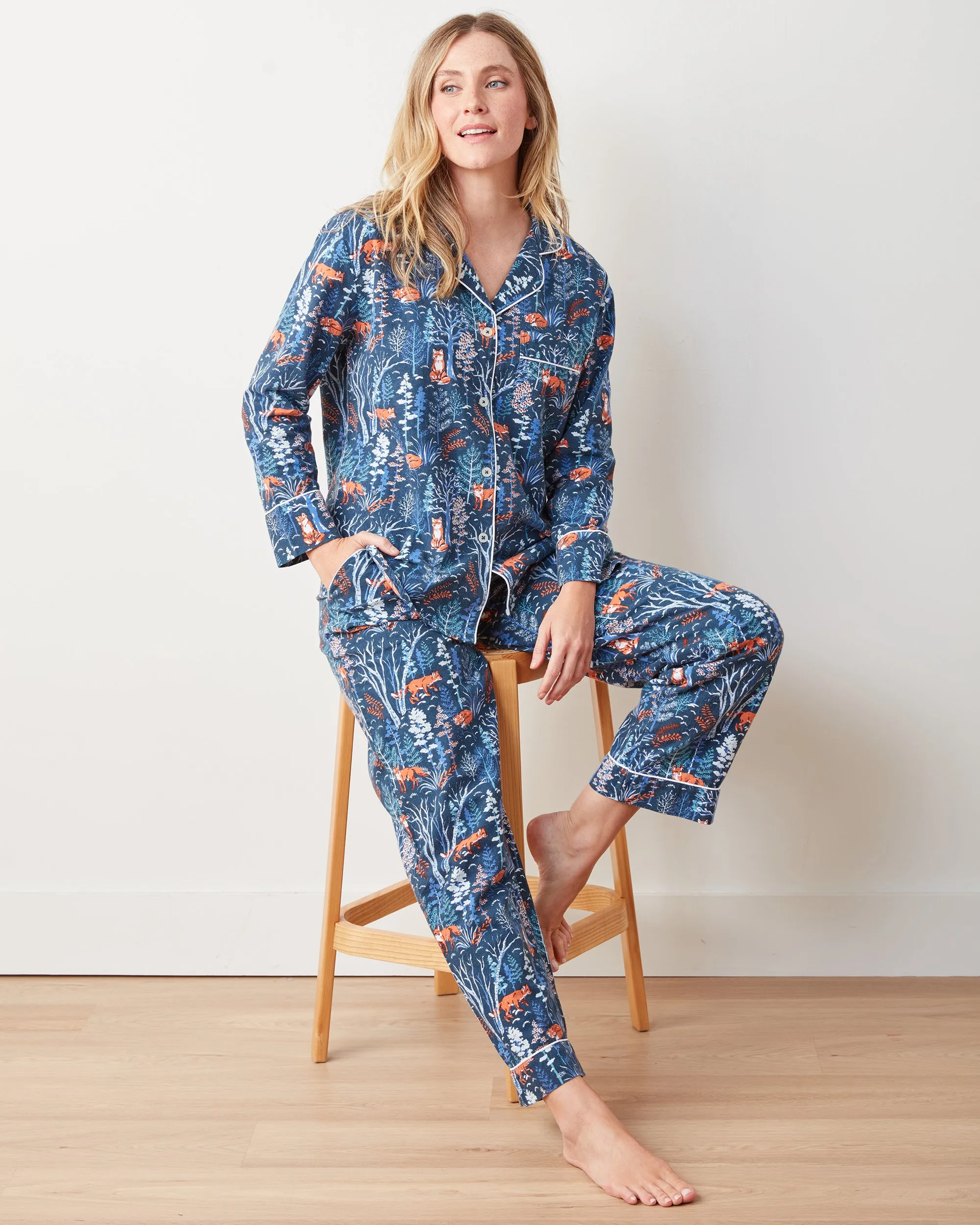 Fox & Folklore - Lightweight Flannel Long PJ Set - Indigo
