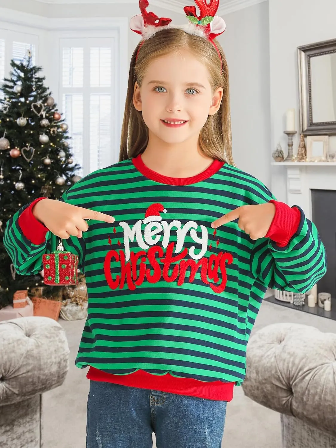 Girls Striped Oversized Sweatshirt Kids Crewneck Long Sleeve Pullover Sweater 4-12 Years