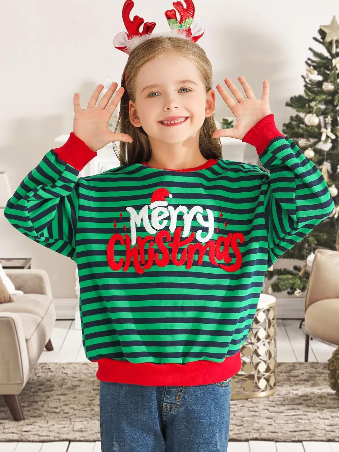Girls Striped Oversized Sweatshirt Kids Crewneck Long Sleeve Pullover Sweater 4-12 Years