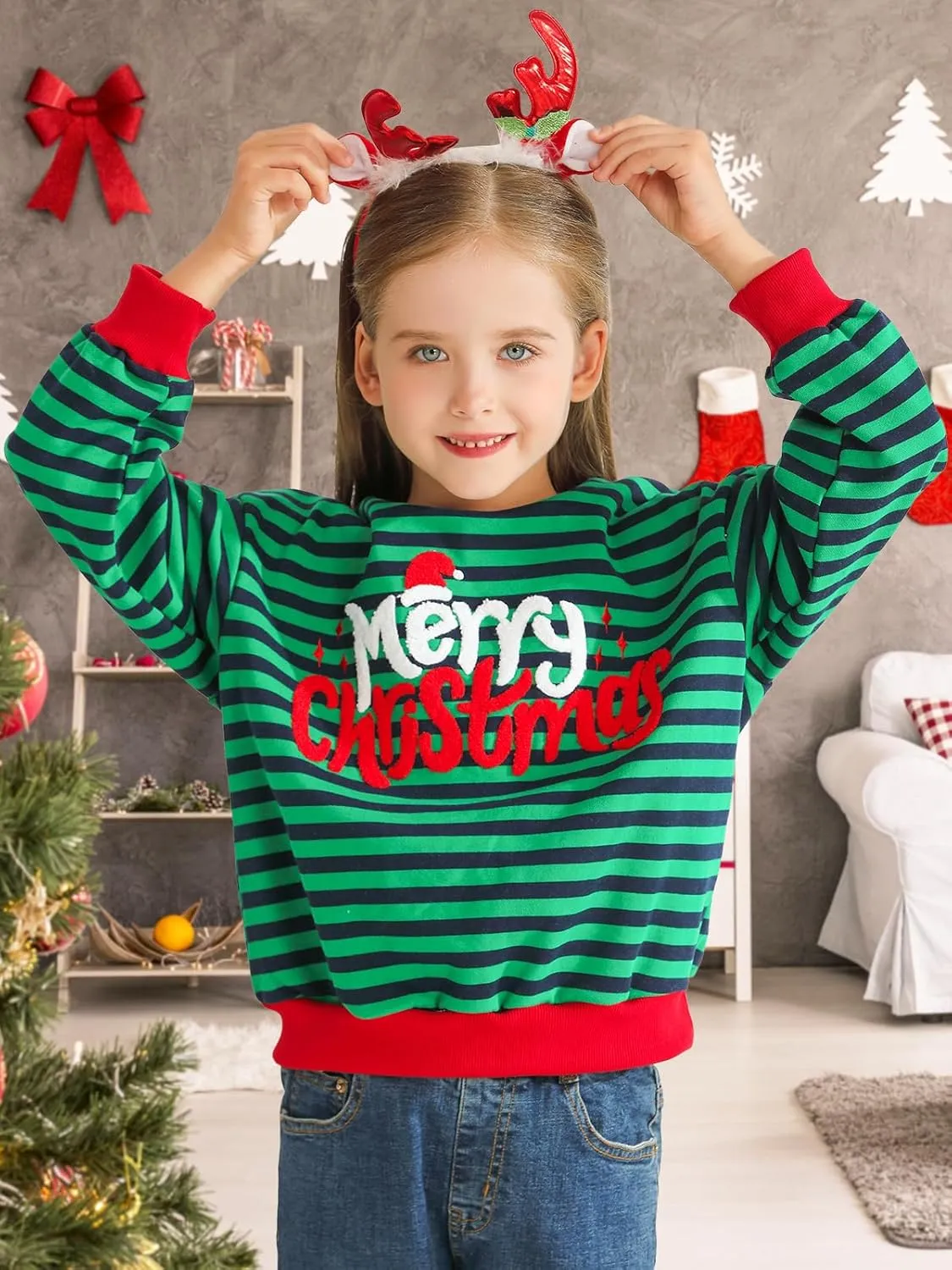 Girls Striped Oversized Sweatshirt Kids Crewneck Long Sleeve Pullover Sweater 4-12 Years