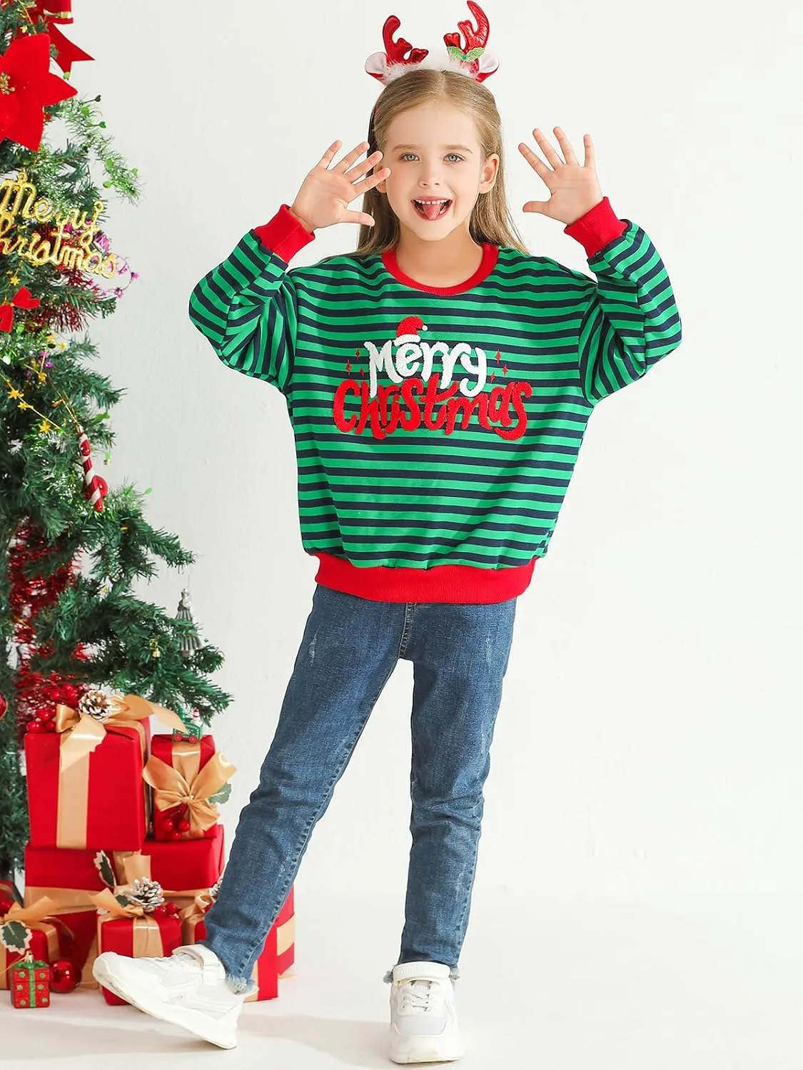 Girls Striped Oversized Sweatshirt Kids Crewneck Long Sleeve Pullover Sweater 4-12 Years