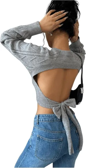 GORGLITTER Women's Bow Open Back Sweater Cable Knit Cropped Sweater Crewneck Pullover Crop Tops