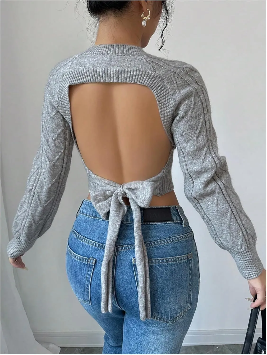 GORGLITTER Women's Bow Open Back Sweater Cable Knit Cropped Sweater Crewneck Pullover Crop Tops