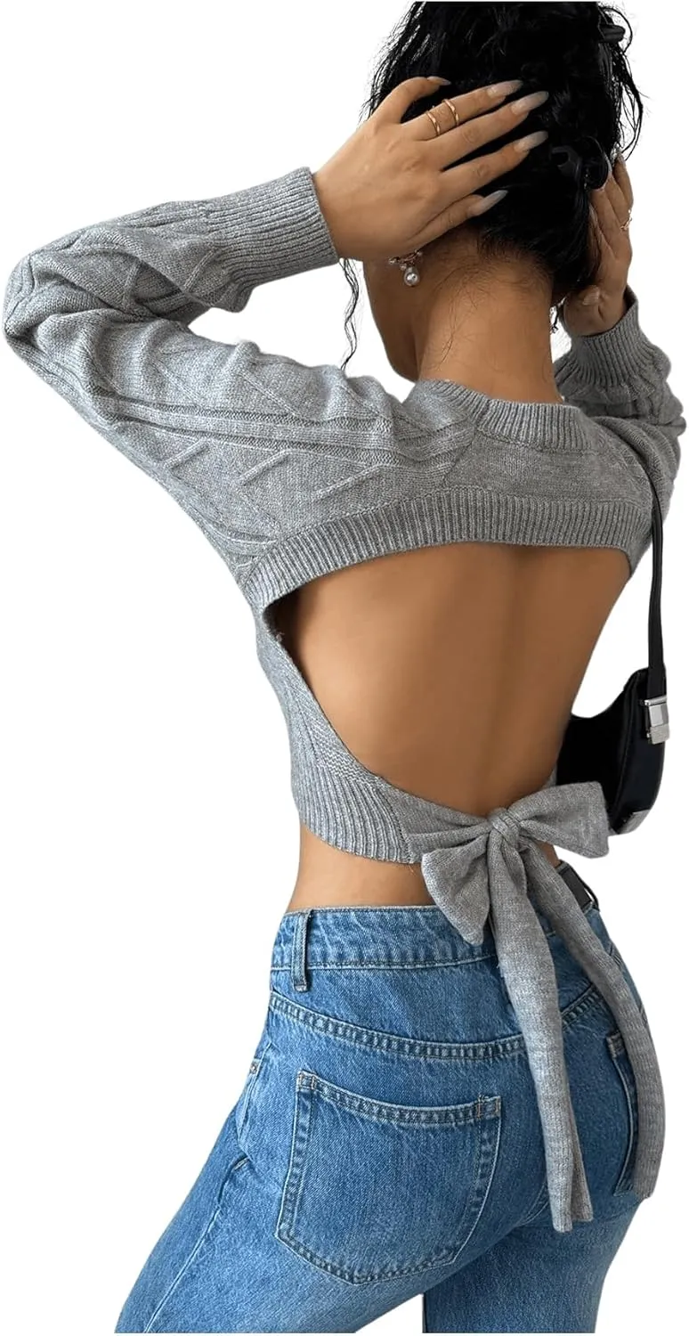GORGLITTER Women's Bow Open Back Sweater Cable Knit Cropped Sweater Crewneck Pullover Crop Tops