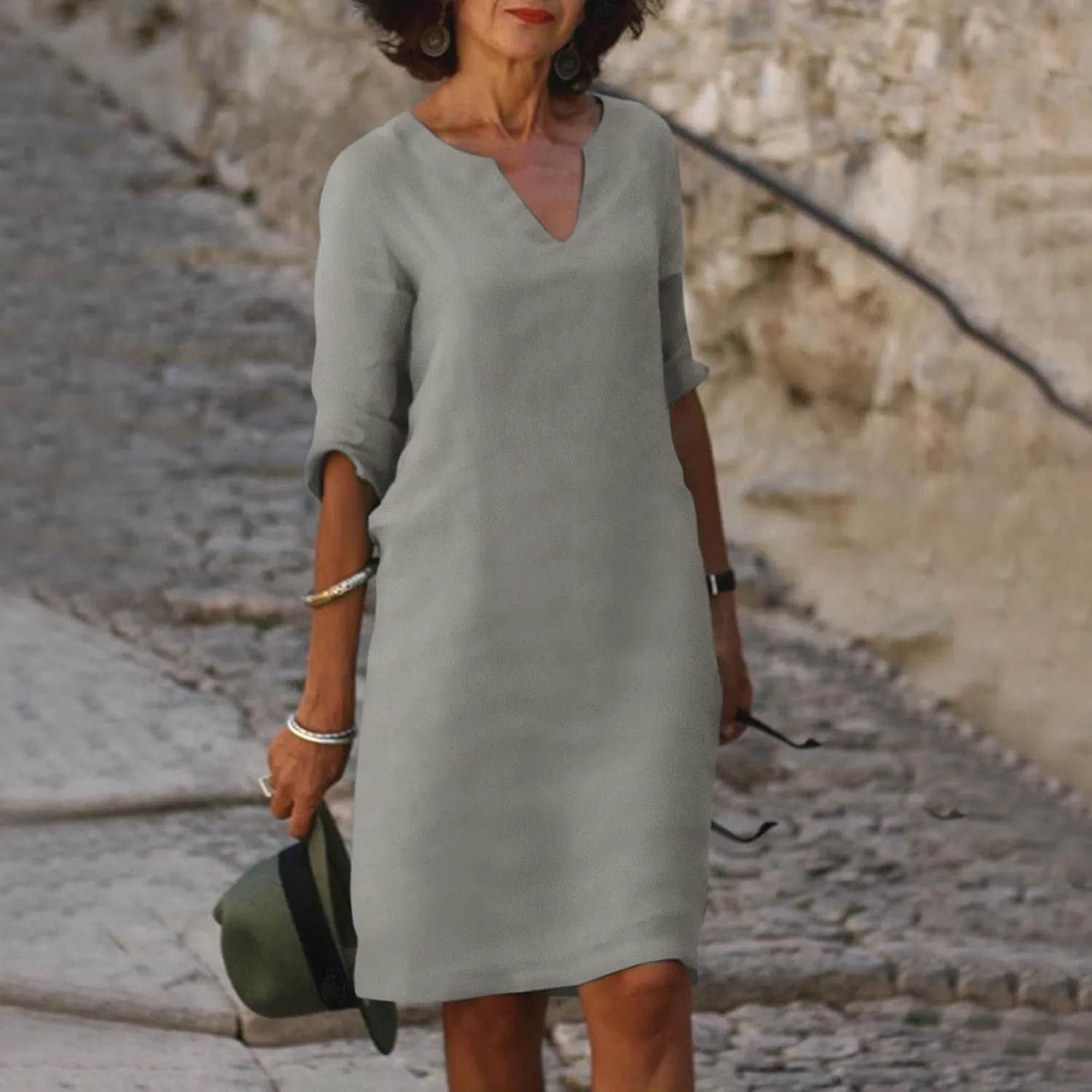 Grandmother of The Bride Dresses Half Sleeve V Neck Cotton Linen Midi Dress Vintage Casual Lightweight T Shirt Dress