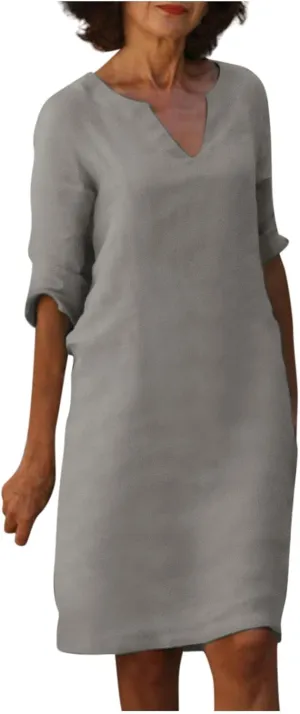 Grandmother of The Bride Dresses Half Sleeve V Neck Cotton Linen Midi Dress Vintage Casual Lightweight T Shirt Dress