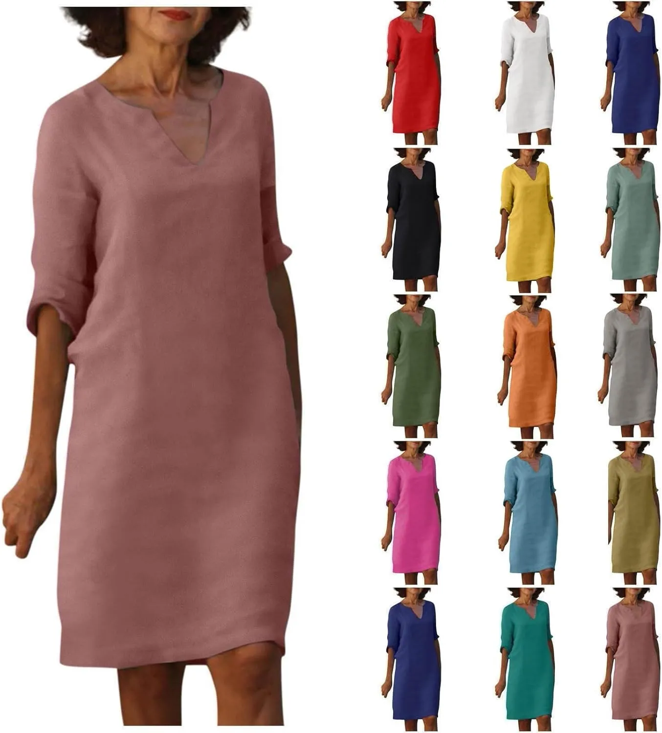 Grandmother of The Bride Dresses Half Sleeve V Neck Cotton Linen Midi Dress Vintage Casual Lightweight T Shirt Dress