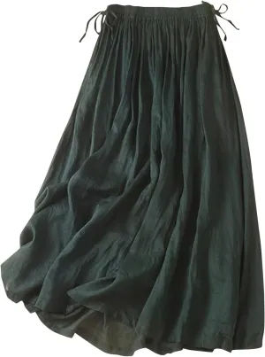 HGps8w Womens Cotton Linen Drawstring Maxi Skirt Lightweight Casual Summer Elastic High Waisted A-line Swing Skirts