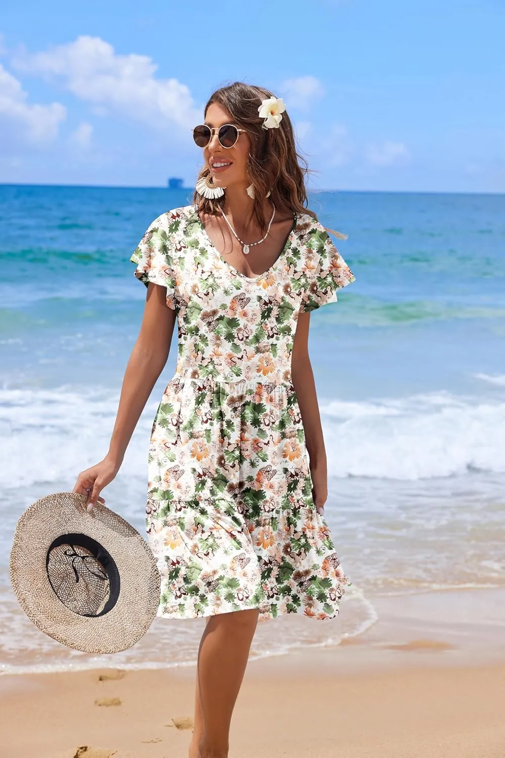 HOTOUCH Women's Casual Tiered Dress with Pockets V Neck Ruffle Dress Cap Sleeve Swing Mini Dress A-Line Dresses