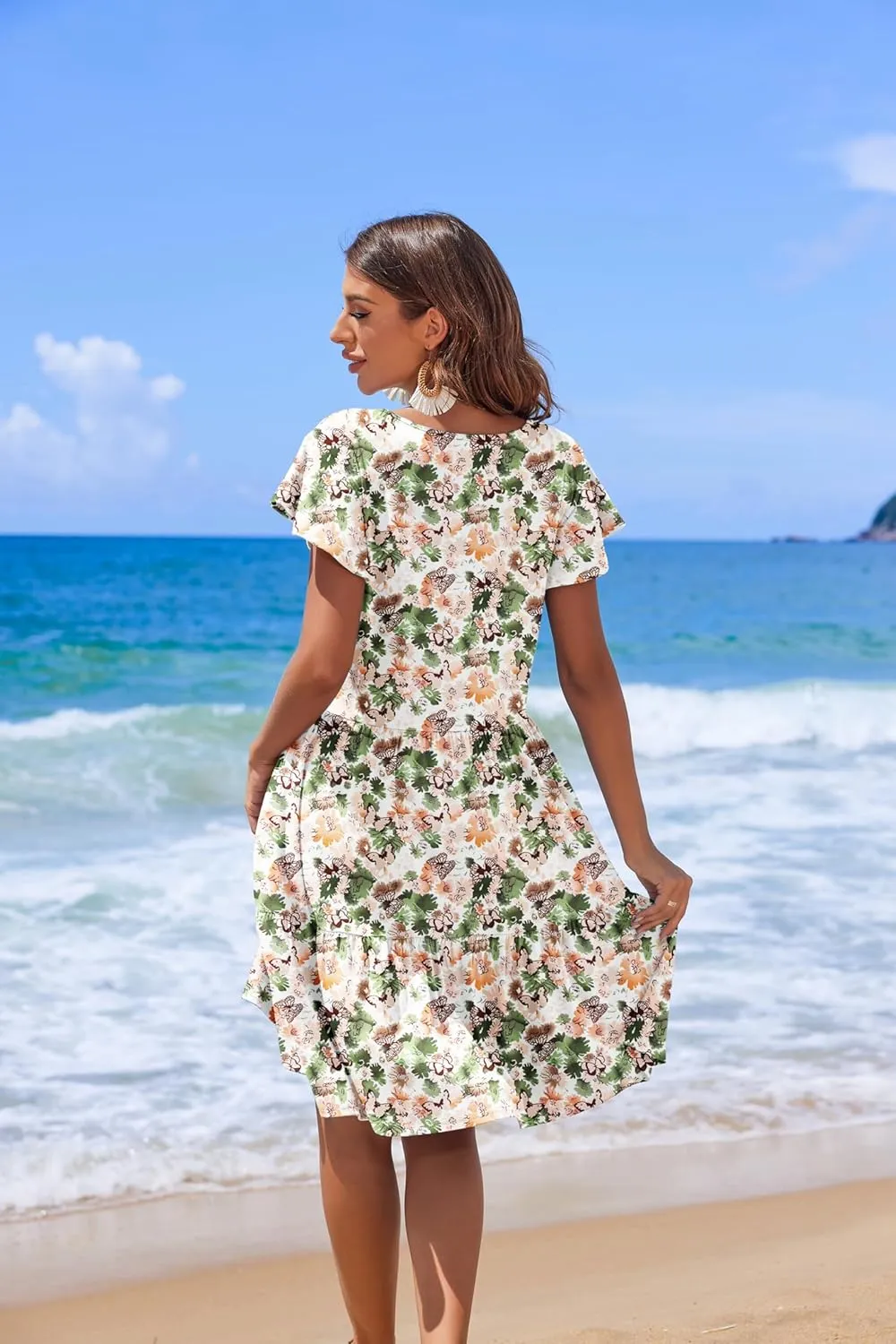 HOTOUCH Women's Casual Tiered Dress with Pockets V Neck Ruffle Dress Cap Sleeve Swing Mini Dress A-Line Dresses