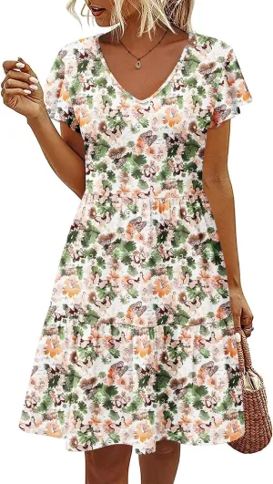 HOTOUCH Women's Casual Tiered Dress with Pockets V Neck Ruffle Dress Cap Sleeve Swing Mini Dress A-Line Dresses