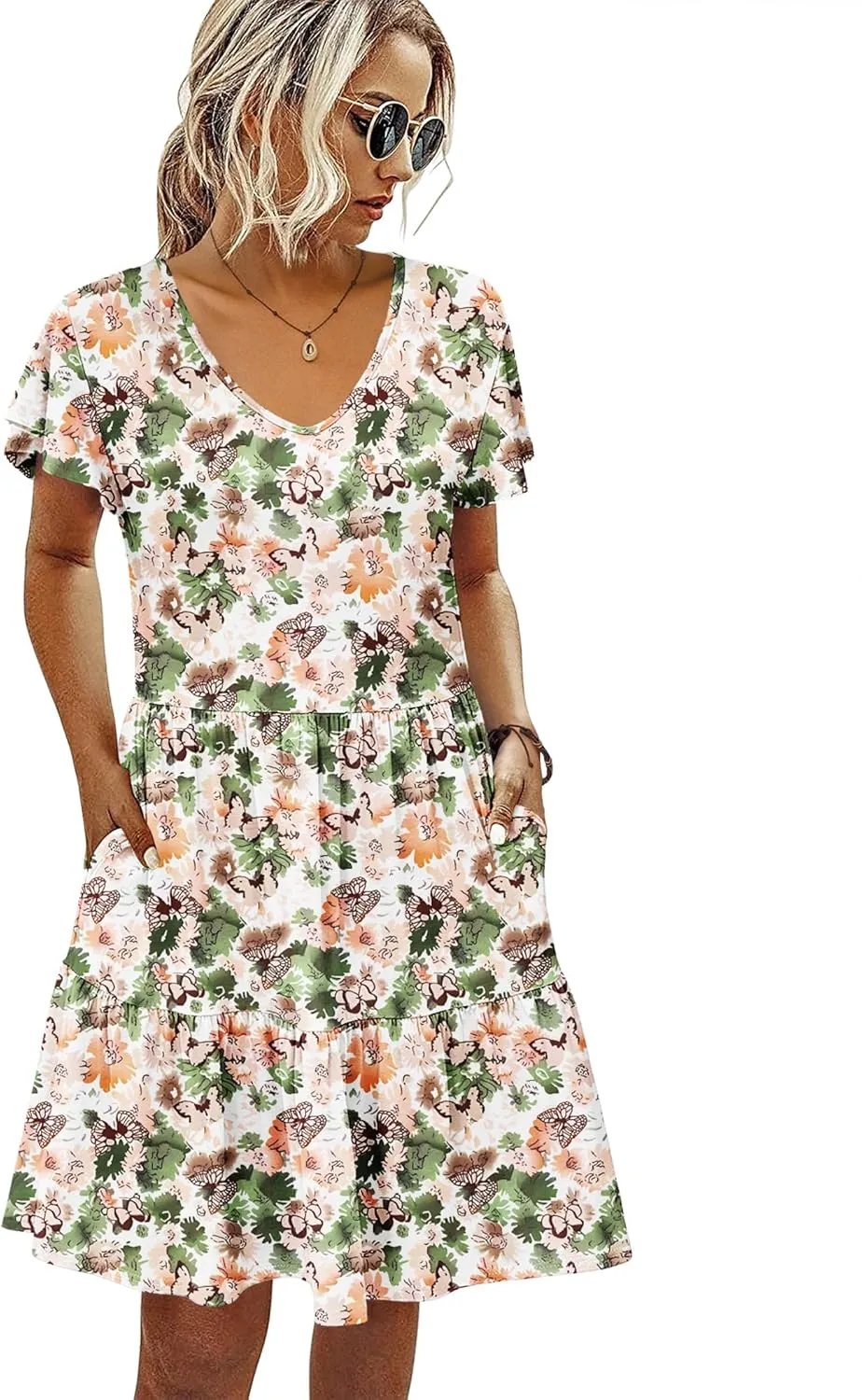 HOTOUCH Women's Casual Tiered Dress with Pockets V Neck Ruffle Dress Cap Sleeve Swing Mini Dress A-Line Dresses