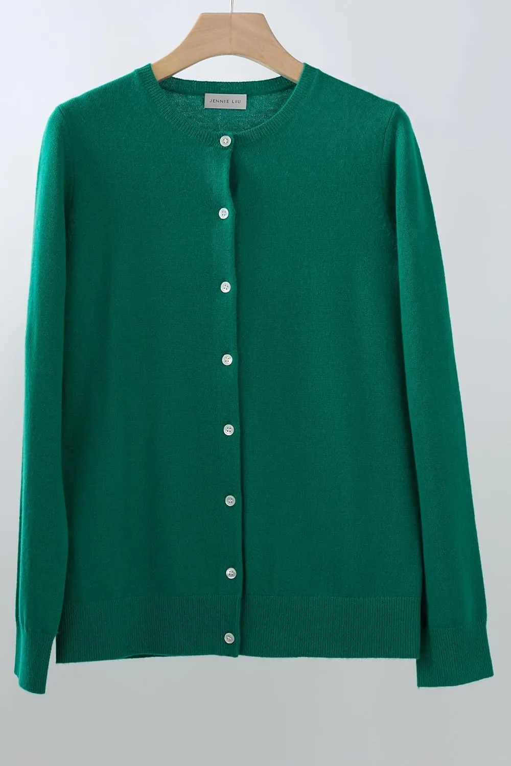 JENNIE LIU Women's 100% Cashmere Button Front Long Sleeve Crewneck Cardigan Sweater