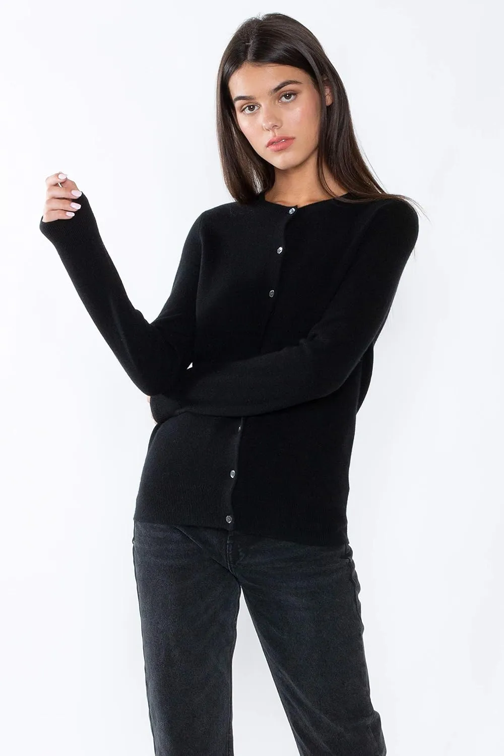 JENNIE LIU Women's 100% Cashmere Button Front Long Sleeve Crewneck Cardigan Sweater