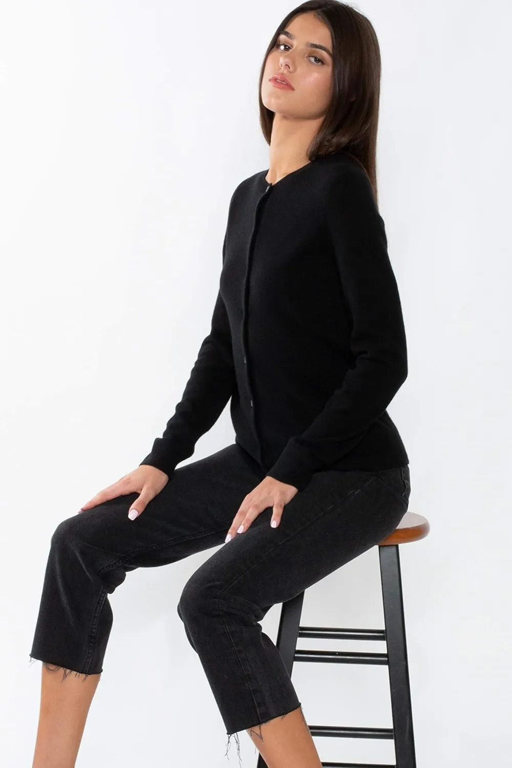 JENNIE LIU Women's 100% Cashmere Button Front Long Sleeve Crewneck Cardigan Sweater