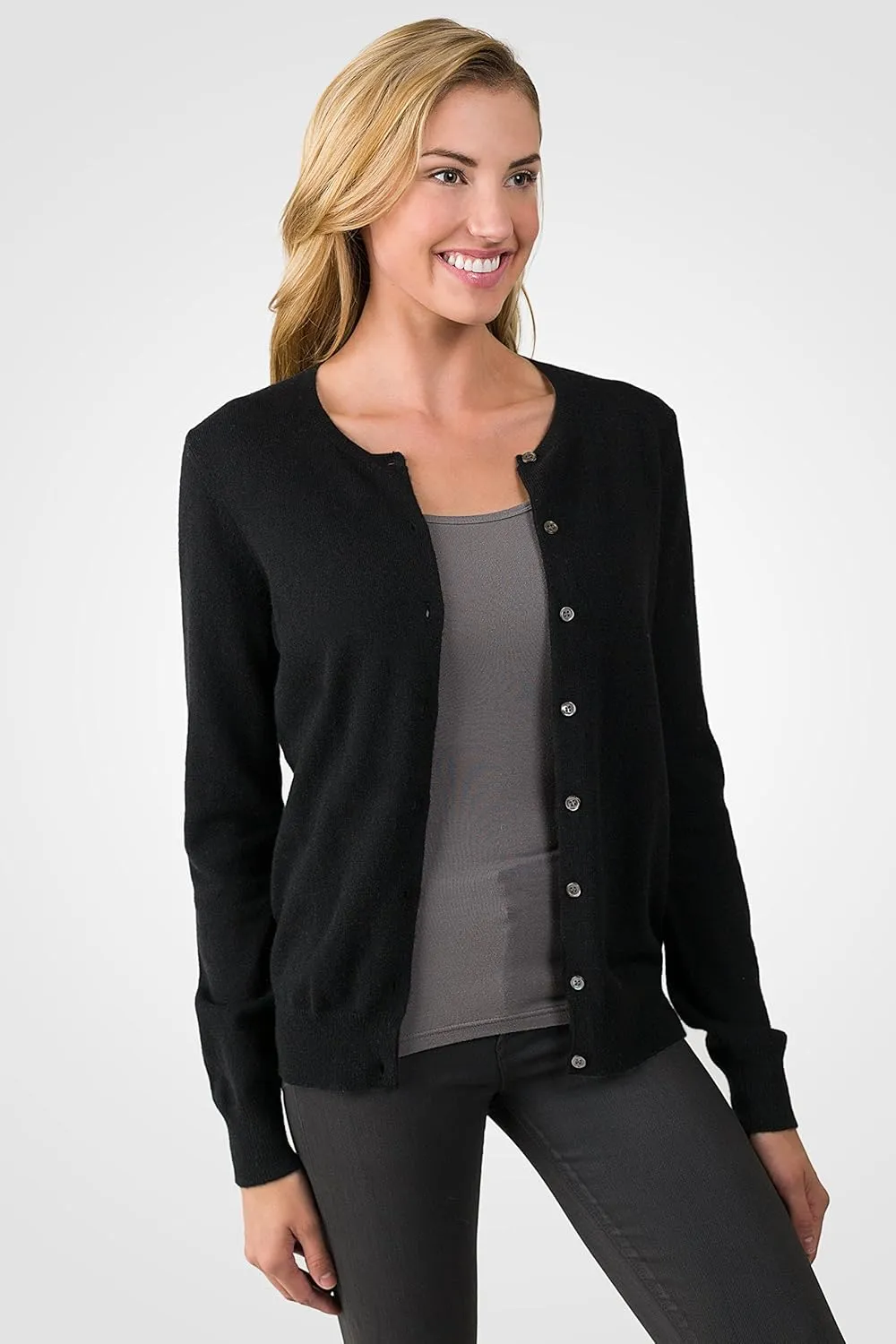 JENNIE LIU Women's 100% Cashmere Button Front Long Sleeve Crewneck Cardigan Sweater