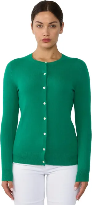 JENNIE LIU Women's 100% Cashmere Button Front Long Sleeve Crewneck Cardigan Sweater