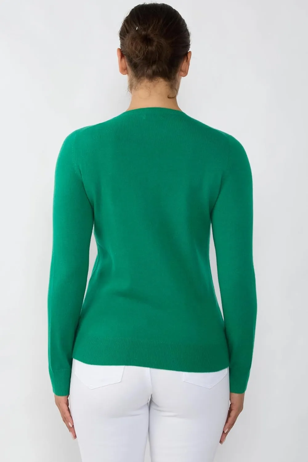 JENNIE LIU Women's 100% Cashmere Button Front Long Sleeve Crewneck Cardigan Sweater