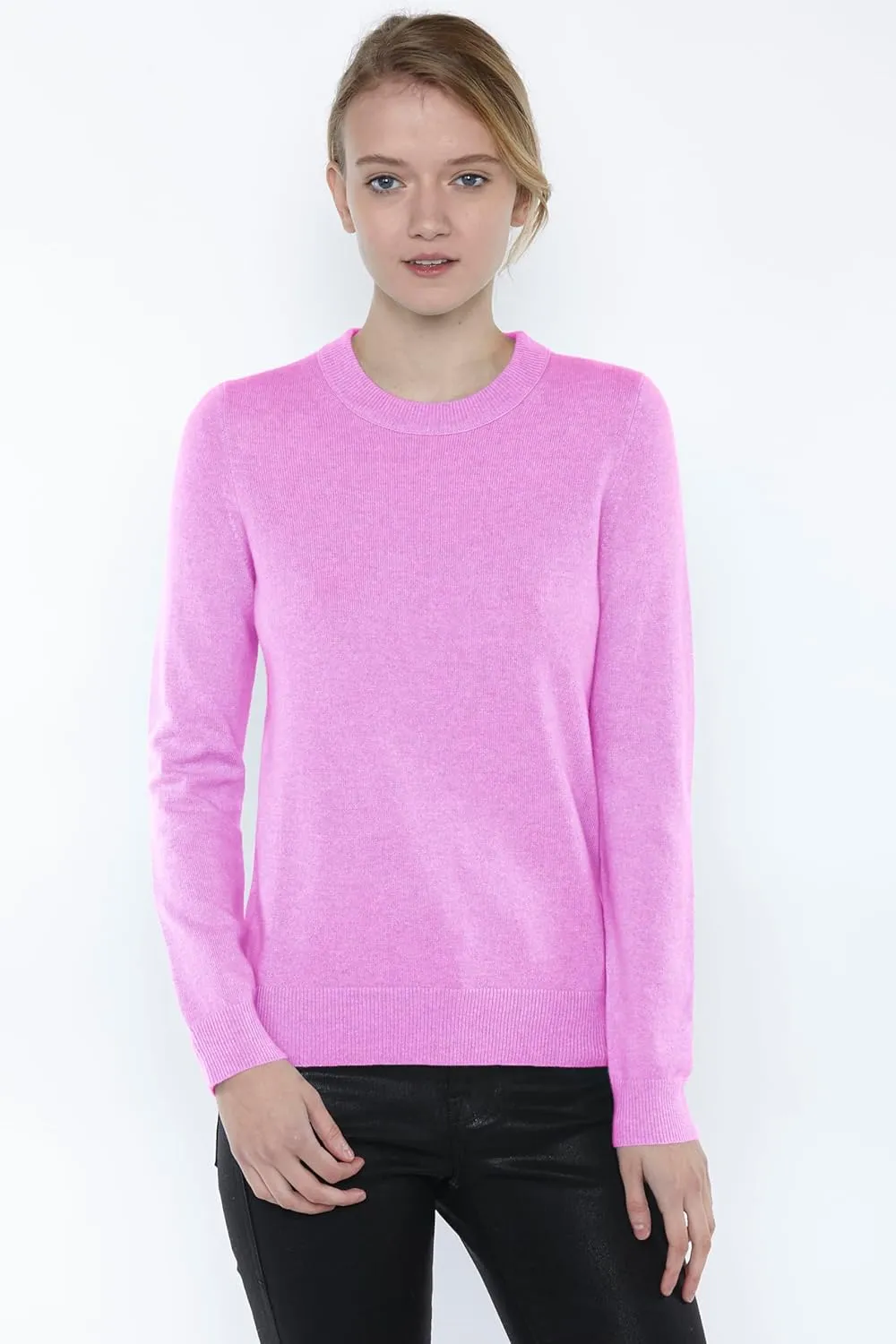 JENNIE LIU Women's 100% Pure Cashmere Long Sleeve Crew Neck Sweater