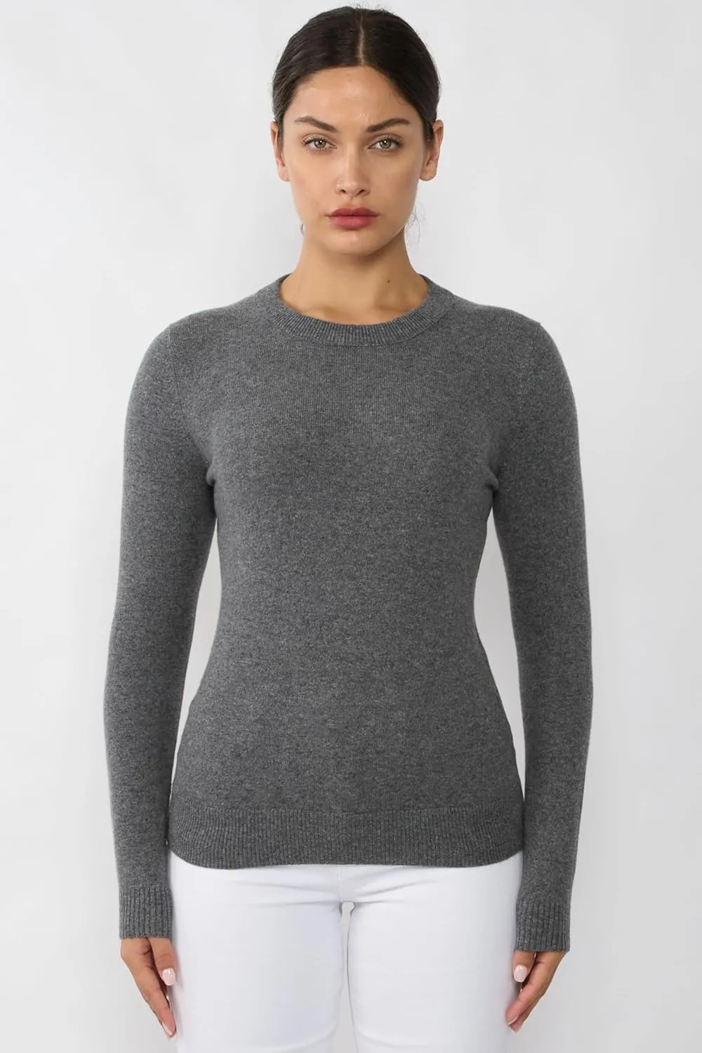 JENNIE LIU Women's 100% Pure Cashmere Long Sleeve Crew Neck Sweater