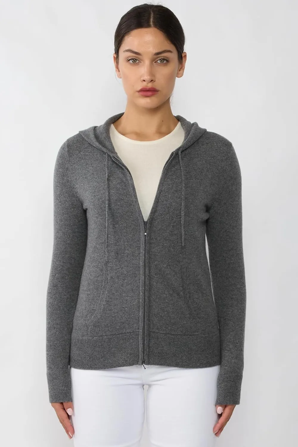 JENNIE LIU Women's 100% Pure Cashmere Long Sleeve Zip Hoodie Cardigan Sweater