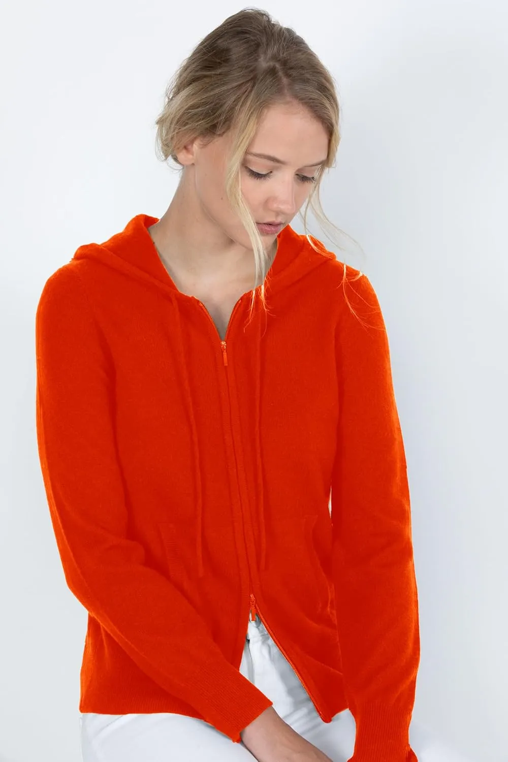 JENNIE LIU Women's 100% Pure Cashmere Long Sleeve Zip Hoodie Cardigan Sweater