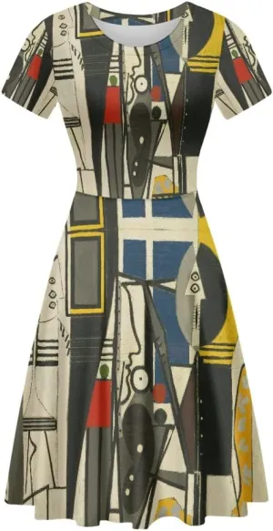 JooMeryer Women's Plus Size Dress Art Painting Picasso Printed Short Sleeve Lightweight Midi Dress